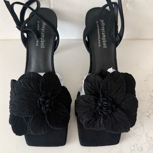 Jeffrey Campbell Black Suede Floral Square-Toe kitten Heels